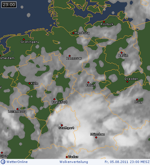 Wolkenverteilung über Deutschland am 05.08.2011 um 23:00 MESZ