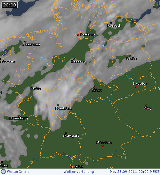 Wolkenverteilung über Mitteleuropa am 26.09.2011 um 20:00 MESZ