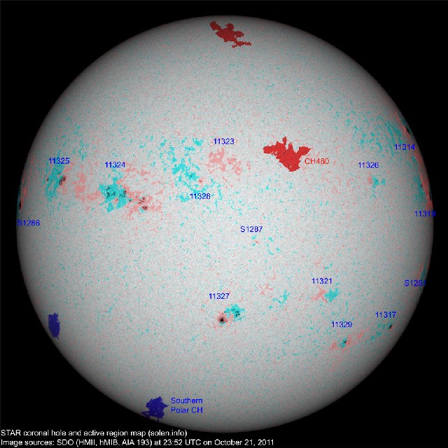 Anblick der Sonne mit aktiven Regionen und Coronal Holes am 22.10.2011 um 01:52 MESZ