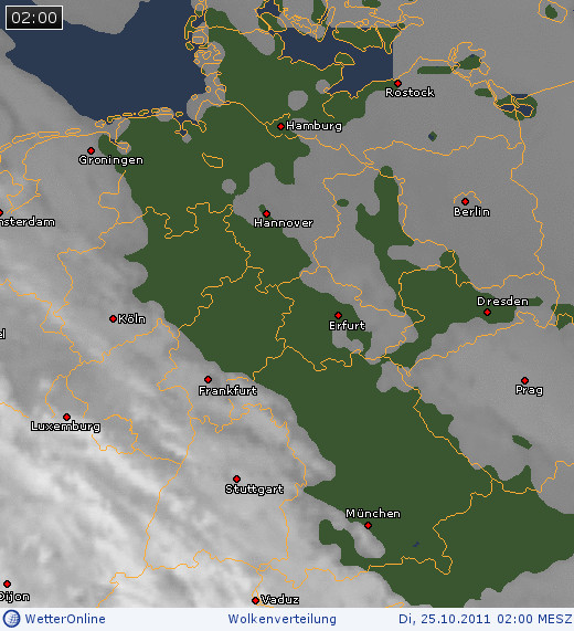 Wolkenverteilung über Mitteleuropa am 25.10.2011 um 02:00 MESZ
