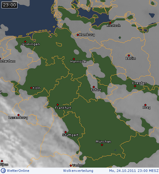 Wolkenverteilung über Mitteleuropa am 24.10.2011 um 23:00 MESZ