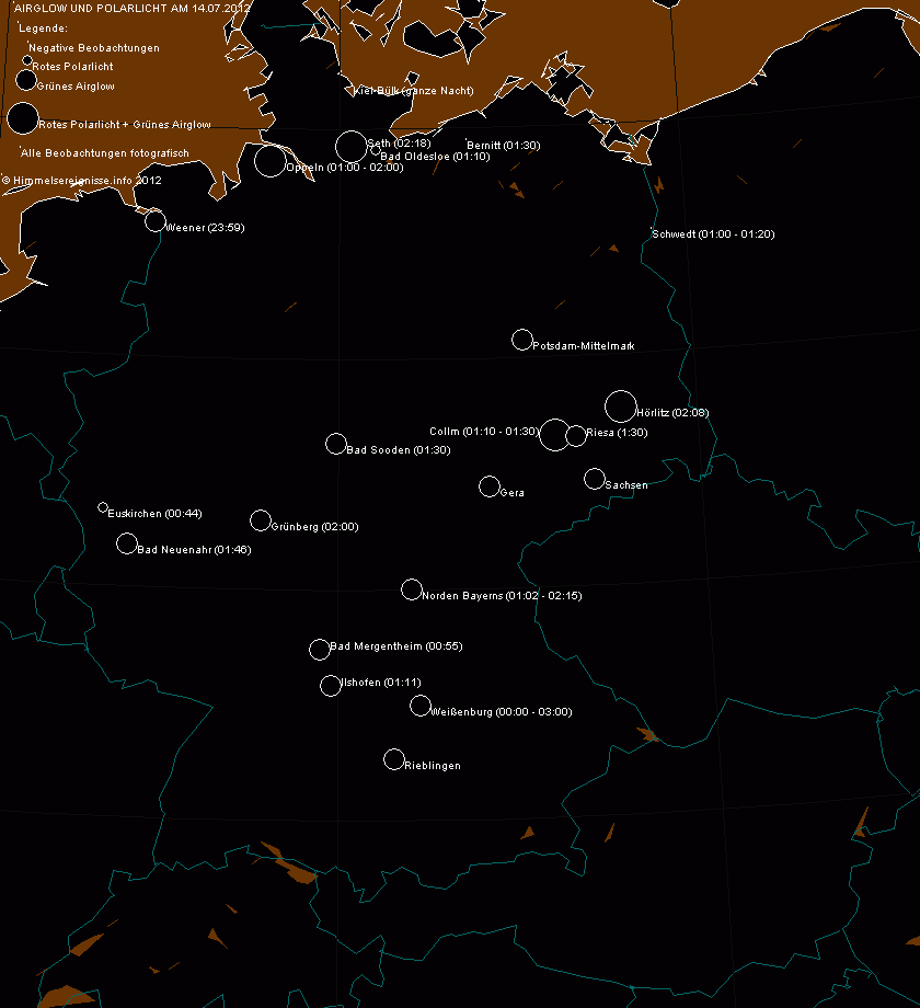 Geografische Verteilung der Polarlicht- und Airglowbeobachtungen in Deutschland am 15.07.2012