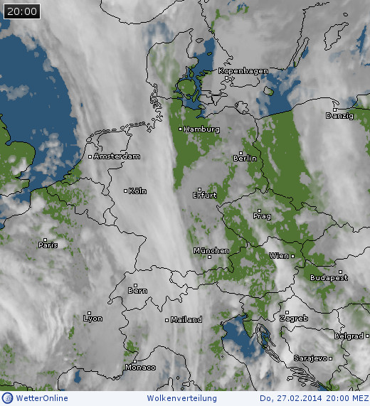 Wolkenverteilung über Mitteleuropa am 27.02.2014 um 20:00 MEZ