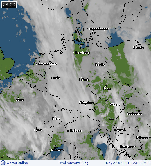 Wolkenverteilung über Mitteleuropa am 27.02.2014 um 23:00 MEZ